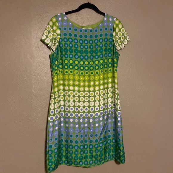BODEN SILK RETRO CIRCLE DOT PRINT SEQUIN EMBELLISHED SHIFT GREEN DRESS 10 - Picture 1 of 9